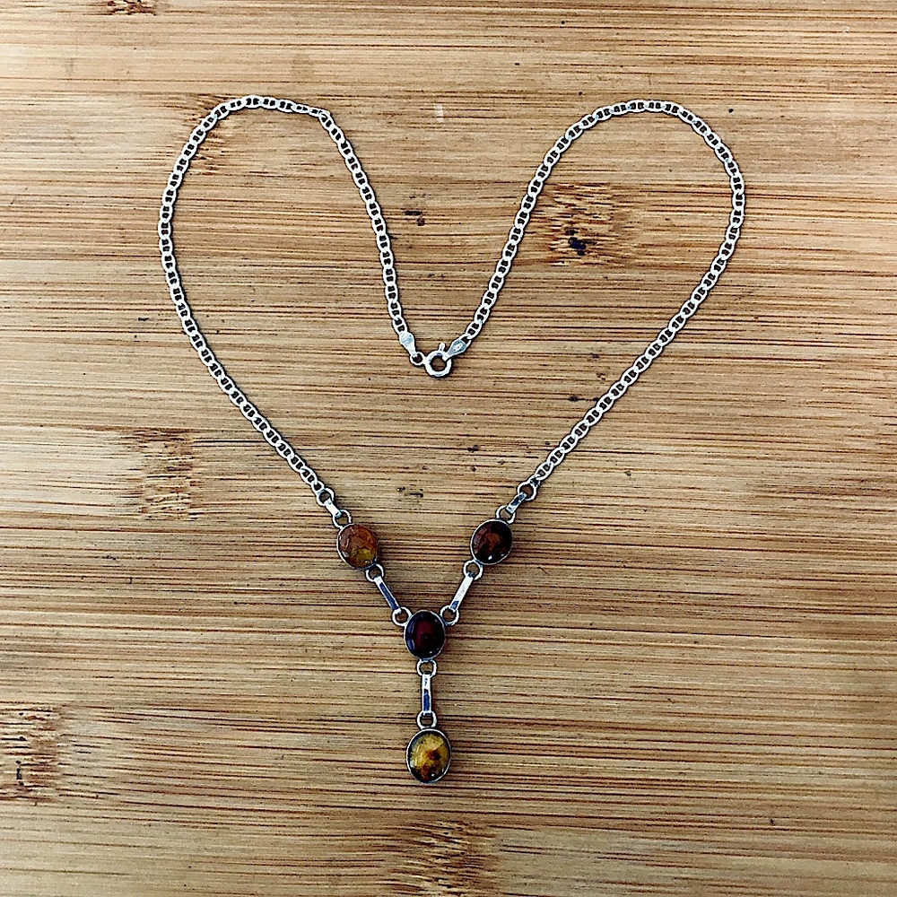 $74  Reversible Italian Amber 0r Turquoise Estate Necklace Hallmarked 925 ITALY